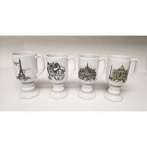 Kaysons International Pedestal Coffee Mugs Lot Of 4 Vtg 1965 Historical Landmark